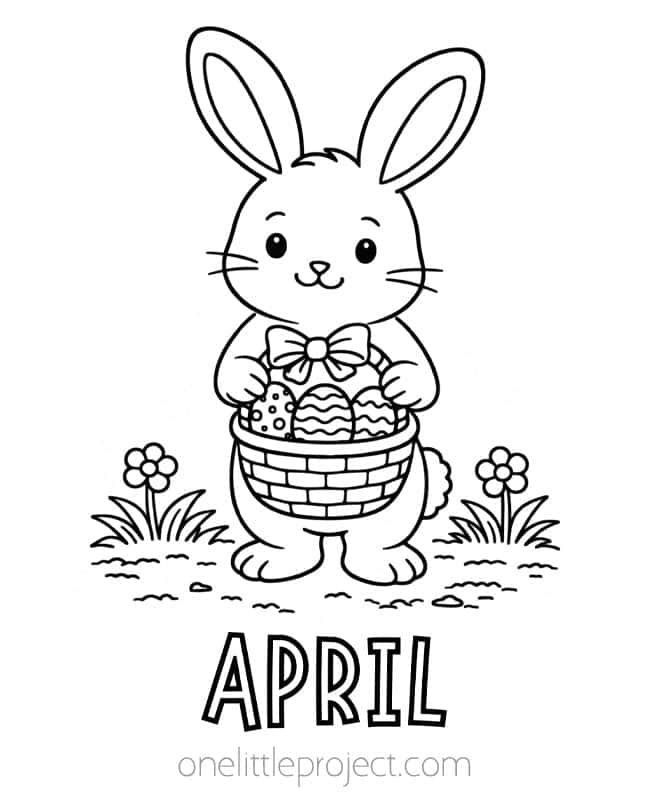 April Coloring Pages April Coloring Pages - Easter bunny with basket of eggs