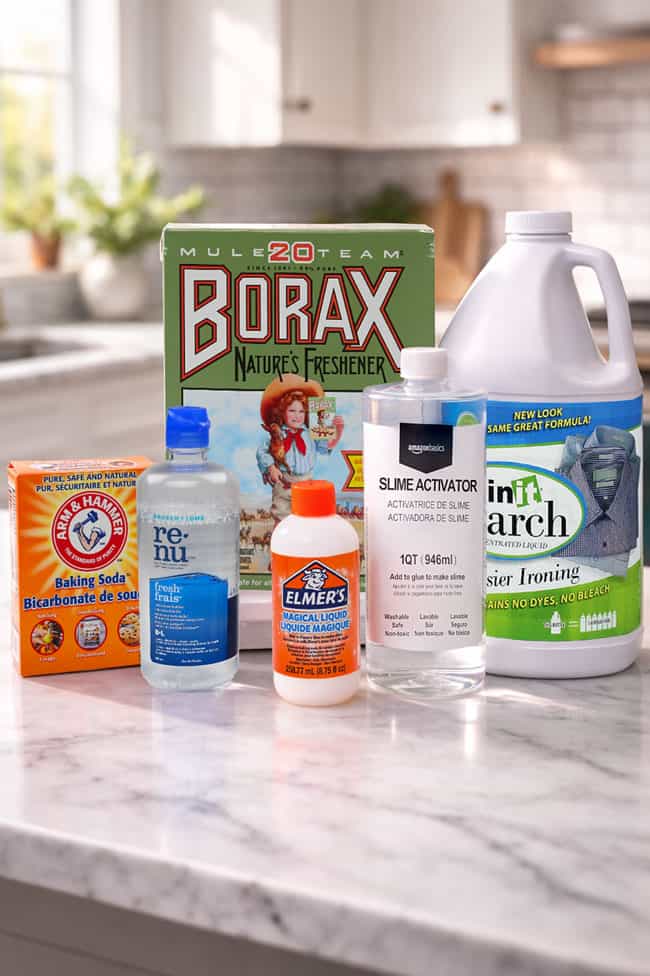 Group of slime activators on a kitchen counter