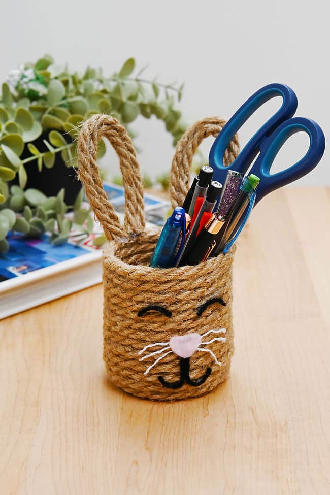 Bunny Pencil Holder Twine bunny pencil holder on a desk