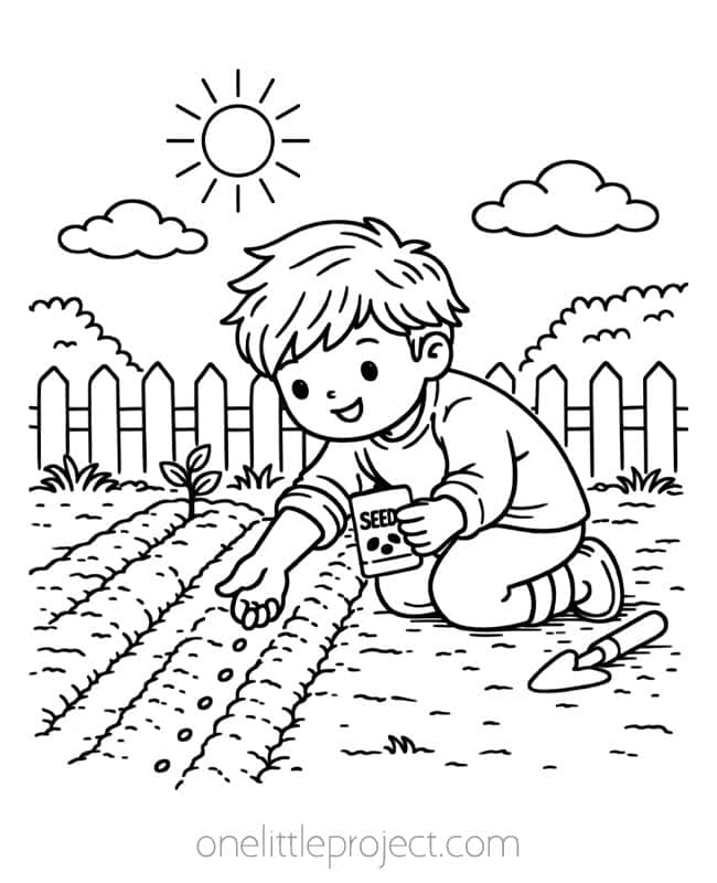 Coloring Pages for April Coloring Pages for April - little boy planting seeds in garden