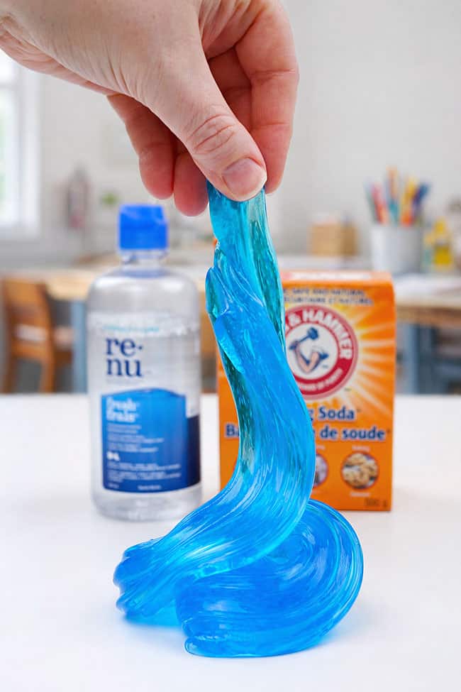 Contact Solution for Slime Blue stretchy slime made with contact solution and baking soda