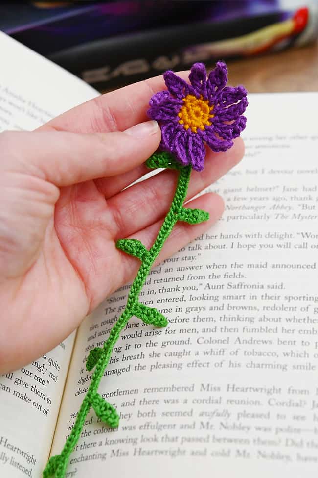 Holding a crochet bookmark with a purple flower above a novel