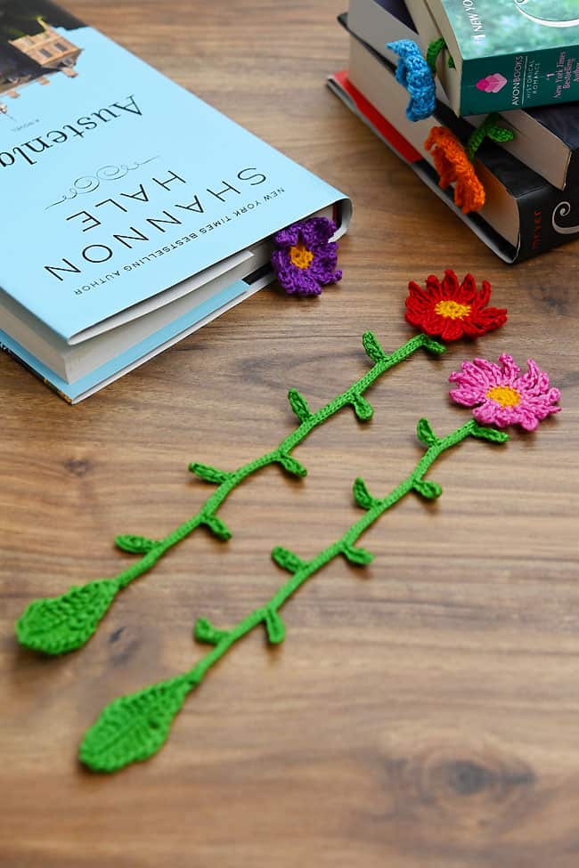 Crocheted Bookmark Crocheted bookmarks on a wood background with a stack of novels