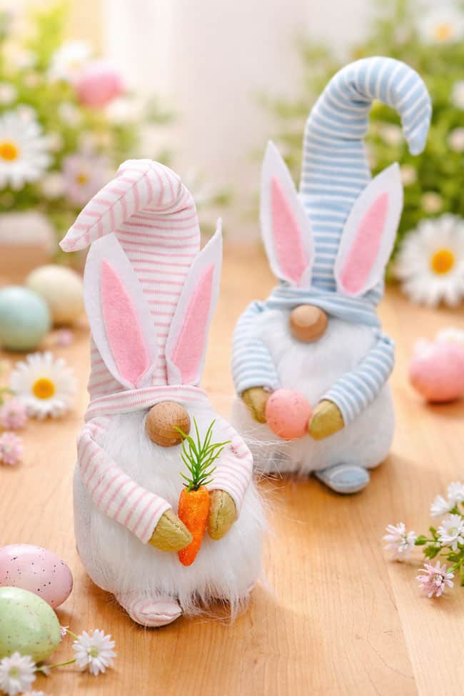 DIY Easter Gnomes Adorable DIY gnomes with striped hats in a room decorated for Easter