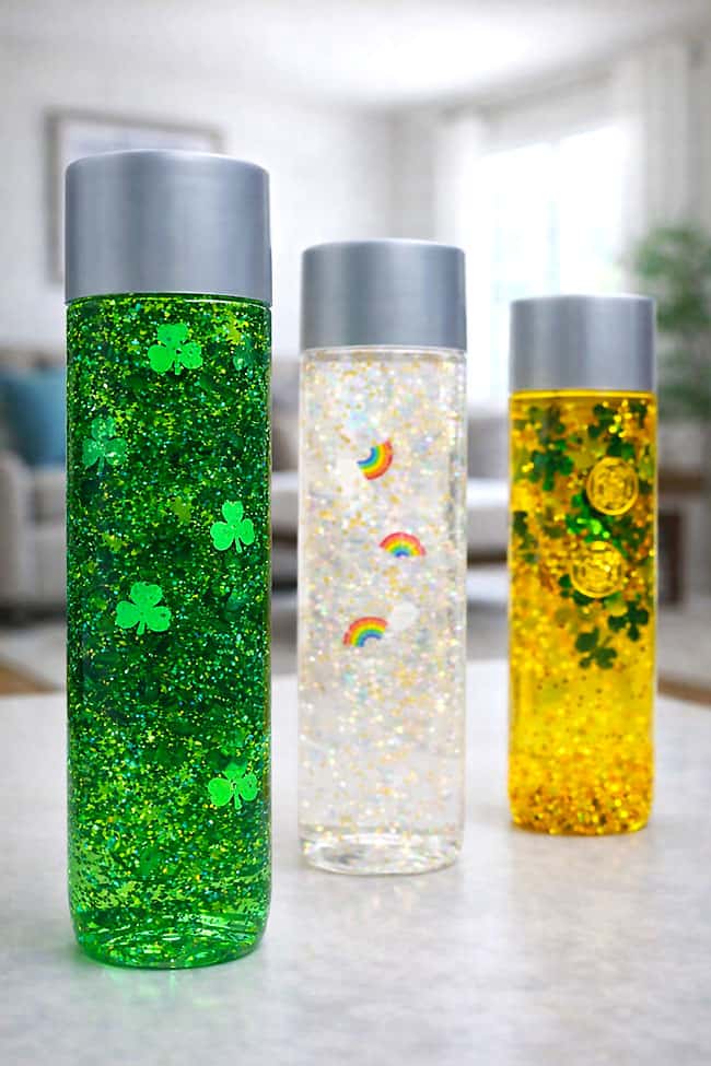 Green Sensory Bottle St Patricks Day 3 DIY sensory bottles for St. Patrick's Day in a living room