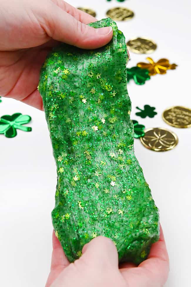Green St Patricks Day Slime Green St. Patrick's Day slime with glitter and shamrocks
