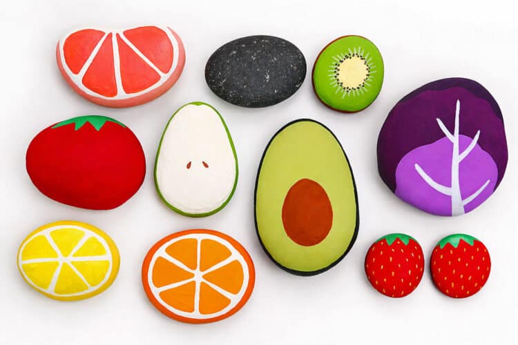 Fruit Painted Rocks Rocks painted like fruit and veggies