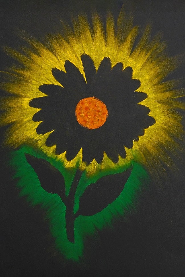 Closeup on a sunflower silhouette made with soft pastels