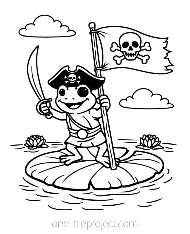 Coloring Book Pages of Frogs - pirate frog on his lily pad ship