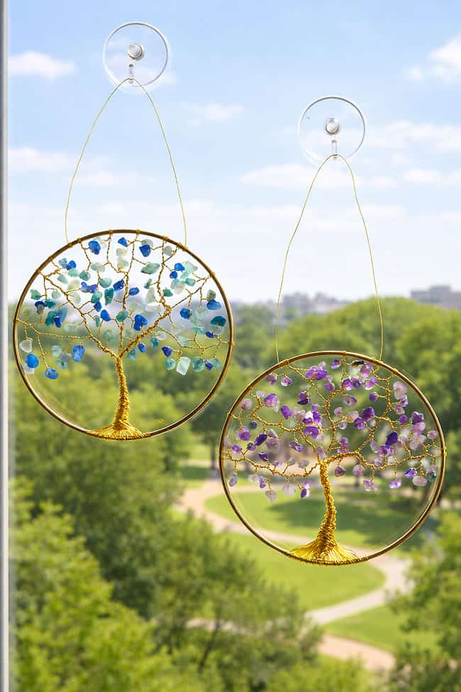 DIY Tree of Life Suncatcher Colourful tree of life suncatchers hanging in a sunny window