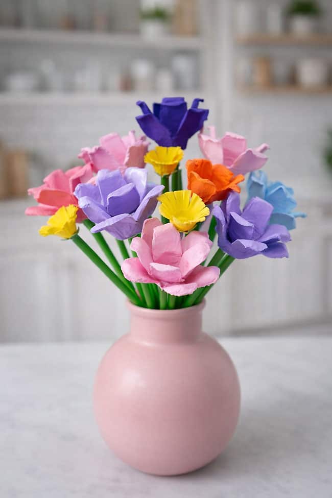 Bouquet of egg carton flowers in a vase