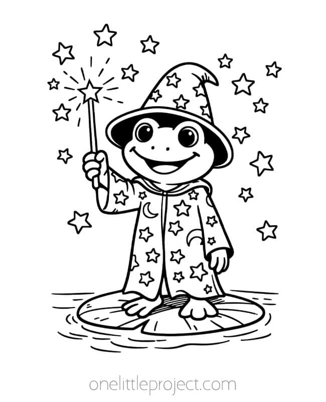 Frog Coloring Page Frog Coloring Page - adorable frog wizard in a cape and hat, holding a star shaped wand