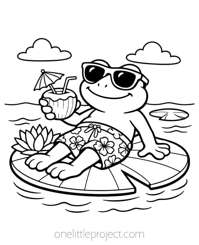 Frog Coloring Page Frog Coloring Page - relaxing in shades and Hawaiian shorts with a coconut drink in hand