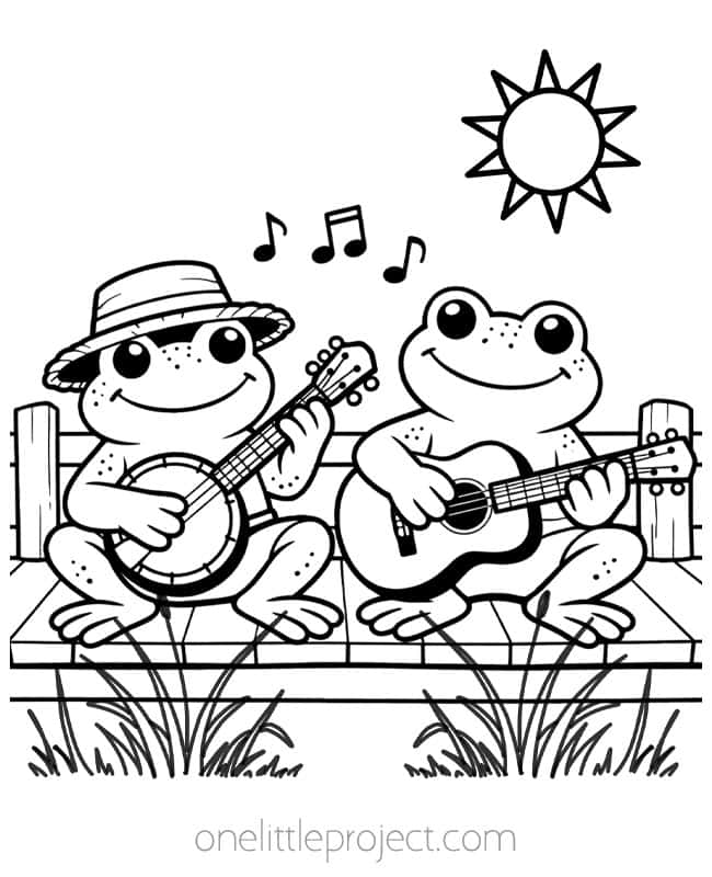 Frog Coloring Pages Frog Coloring Pages - Playing banjo and guitar on a dock
