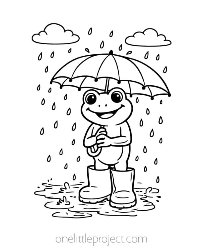 Frog Coloring Sheet - cute frog in rain boots and holding an umbrella