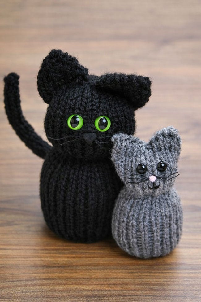 Knitted Cat Large black knit cat with smaller grey loom knitted cat stuffy