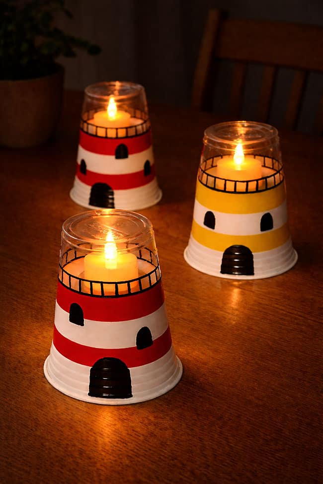 Lighthouse Craft Lighthouse craft made from plastic cups lit up in the dark