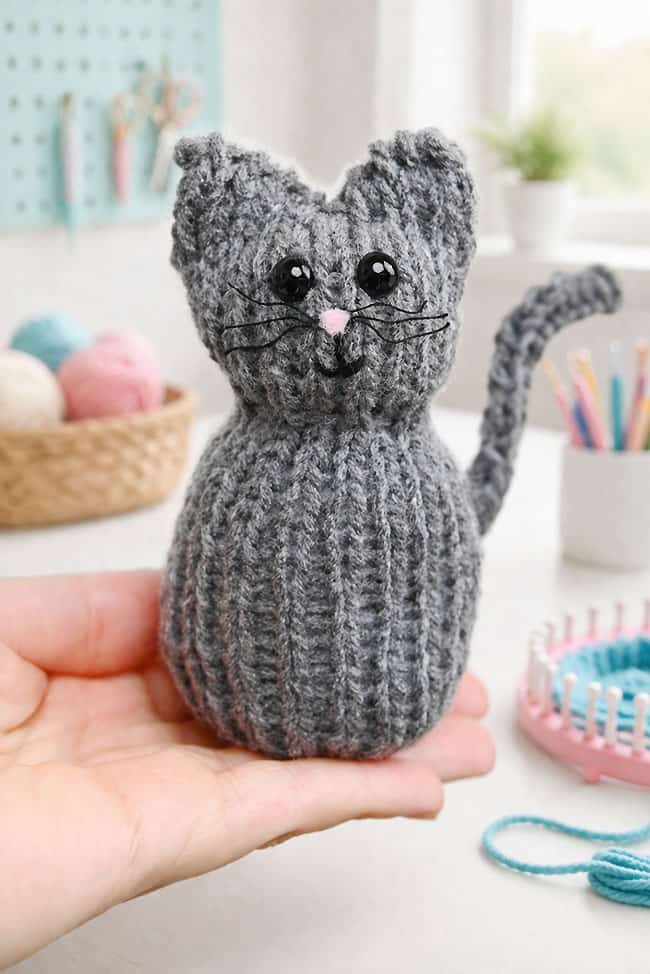 Loom Knit Cat Holding a grey loom knit cat plush