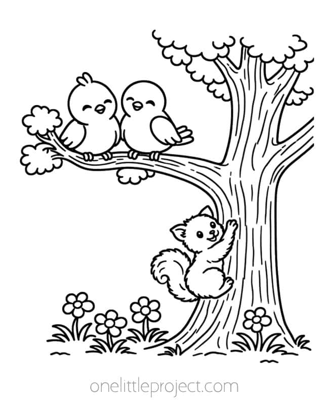 May Coloring Pages May Coloring Pages - squirrel and birds in a tree