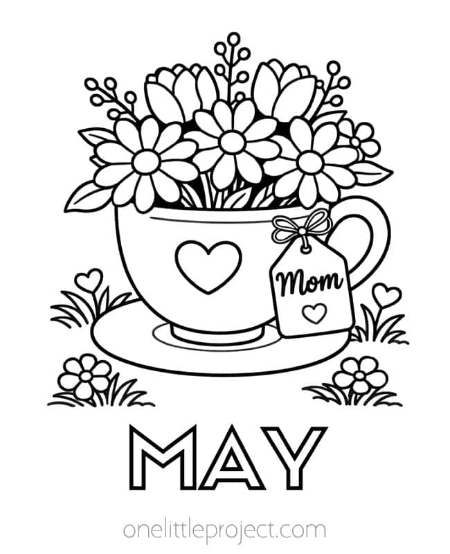 May Coloring Pages May Coloring Pages - Mother's Day flower bouquet in a tea cup