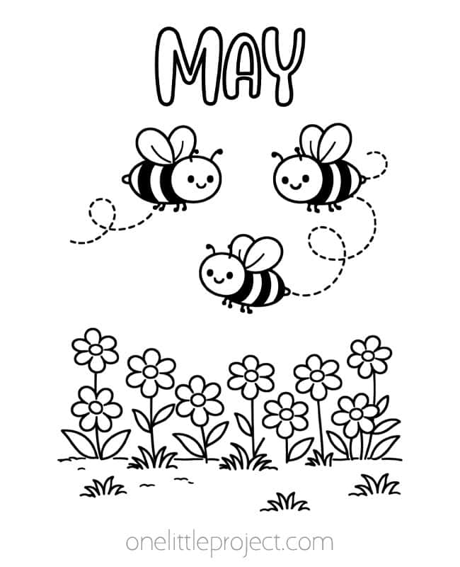 May Coloring Pages May Coloring Pages - bees buzzing over a flower garden