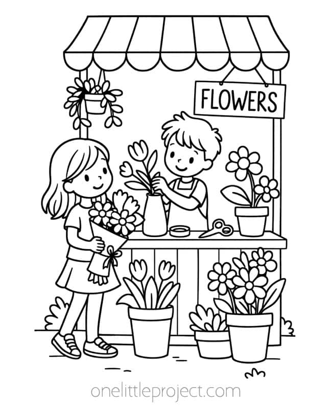 May Coloring Sheets May Coloring Sheets - buying a bouquet at the flower shop