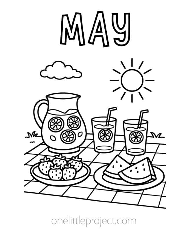 May Coloring Sheets May Coloring Sheets - fruit and lemonade on a picnic blanket