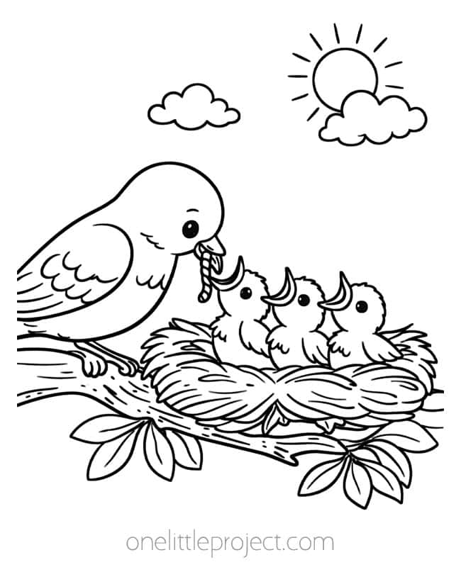 Mothers Day Coloring Sheet Mothers Day Coloring Sheet - Mama bird feeding chicks in the nest