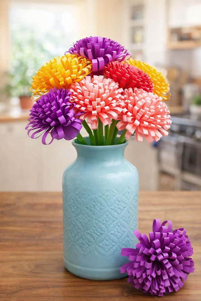 Bouquet of colorful paper chrysanthemums in a vase