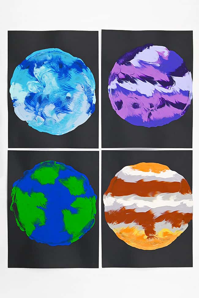 Planet Art Printmaking Collection of 4 planet art crafts, featuring Earth, Jupiter, and made up planets