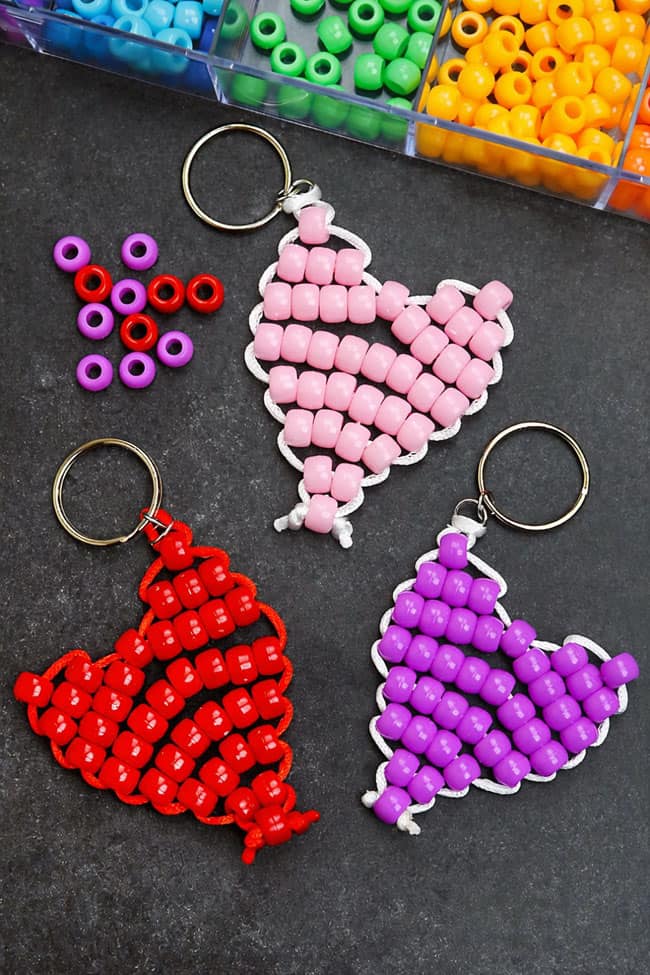 Pony Bead Heart Keychain Pink, purple, and red pony bead heart keychains