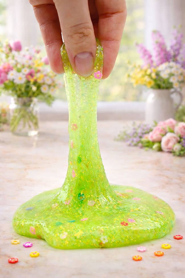 Spring Slime Recipe Stretching a pile of green glittery spring slime