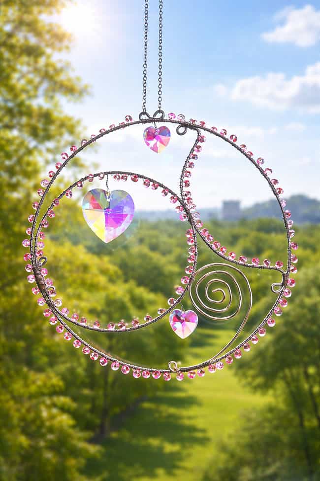 Wire Wrapped Suncatcher A wire wrapped suncatcher with pink beads and heart accents