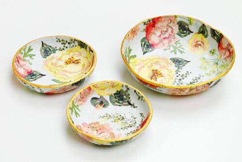 Patterned air dry clay bowls with napkin transfer