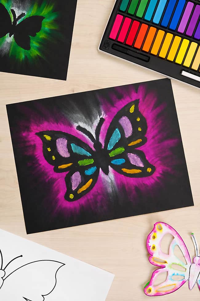 Chalk Pastel Butterfly Colorful chalk butterfly art for kids on a wood background