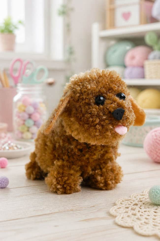 DIY Pom Pom Dog Closeup on a mini poodle DIY pom pom dog