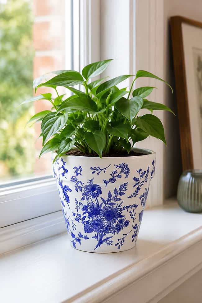 Decoupage Clay Pots with Napkins Decoupage decorated clay pot in a windowsill