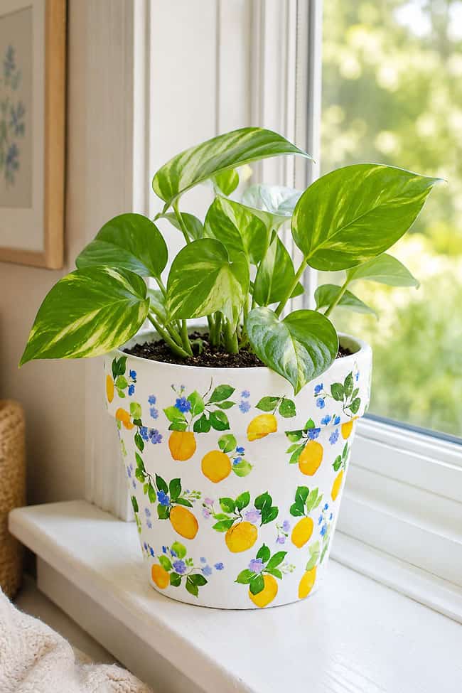 Decoupage Pots Houseplant in a decoupage pot with a lemon print