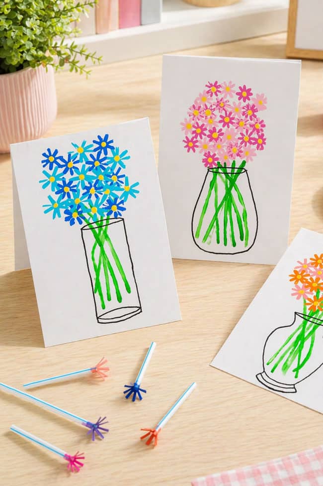 Flower Straw Painting Cards and kids art with flowers made from straw stamps