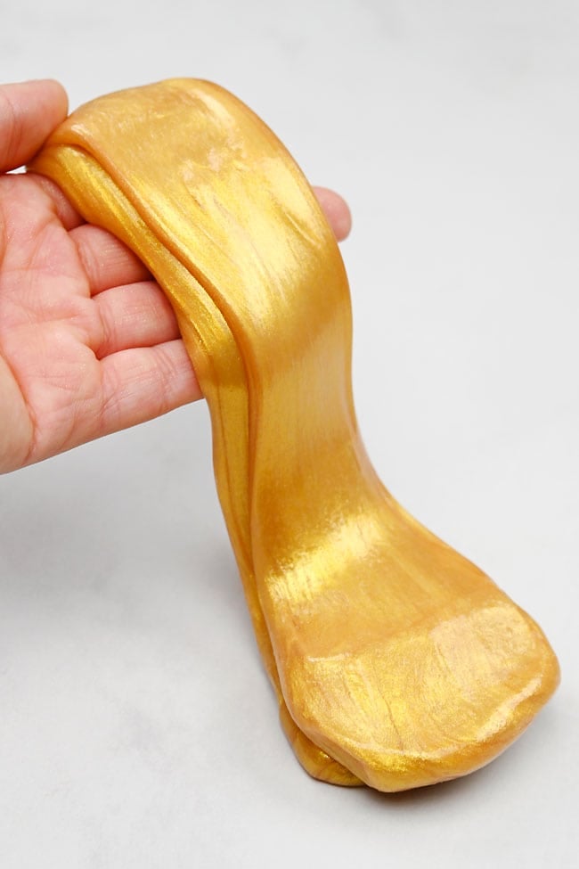 Gold Slime Recipe Stretching out shiny and luxurious looking gold slime
