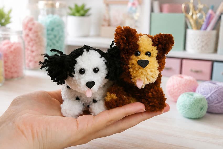 How to Make a Pom Pom Dog Holding 2 types of pom pom dogs in a hand
