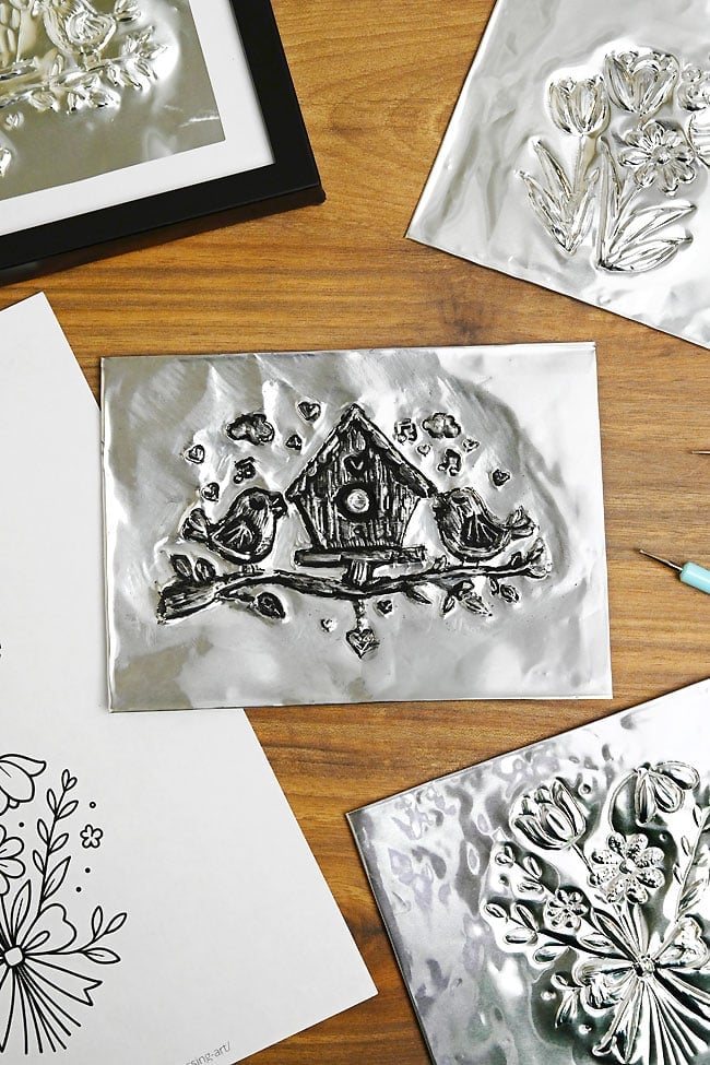 Metal Embossing Cute birdhouse design embossed on thin metal sheet