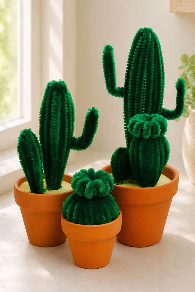 Pipe Cleaner Cactus Pipe cleaner cactuses on display in a living room window