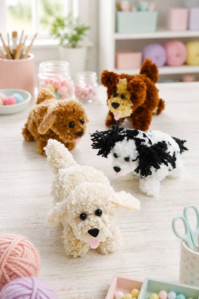 Pom Pom Dog Craft Pom pom dogs sitting on a table in a craft room