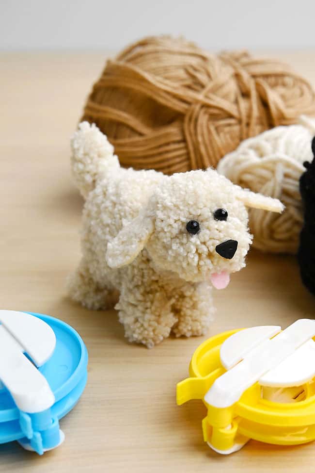 Pom Pom Dog Adorable pom pom dog sitting by craft supplies to make one