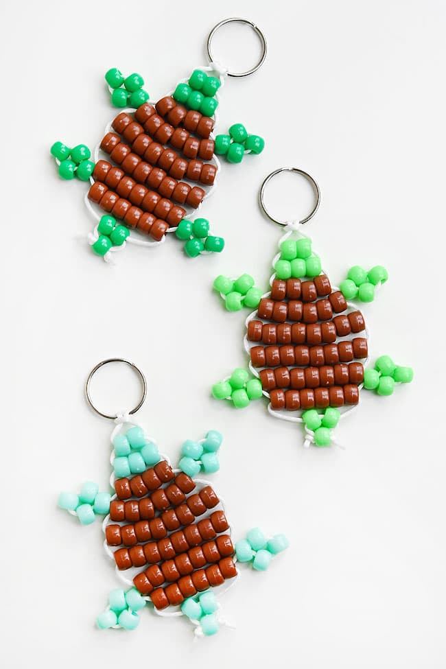 Pony Bead Turtle Pattern Easy beaded turtle keychains on a white background