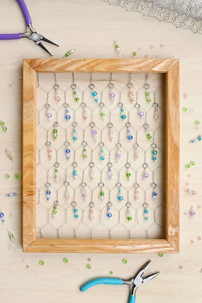 Upcycled Frame Wire and Bead Suncatcher Beaded suncatcher craft in an upcycled picture frame