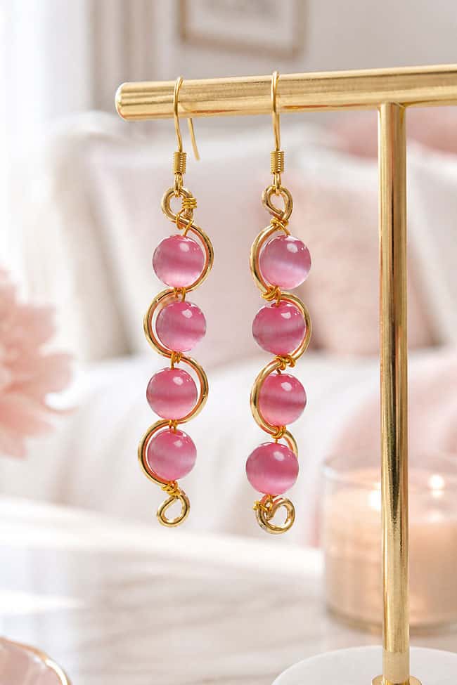 Wire Wrapped Earrings Gold wire wrapped earrings with pink beads