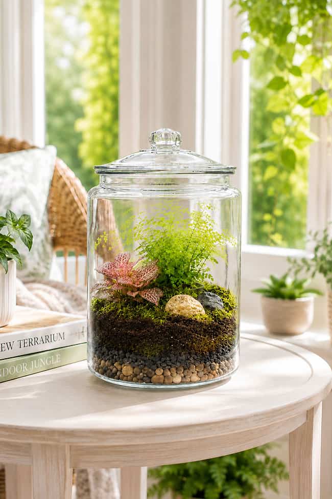 Best Terrarium Plants Closed terrarium with a fern, nerve plant, and sphagnum moss