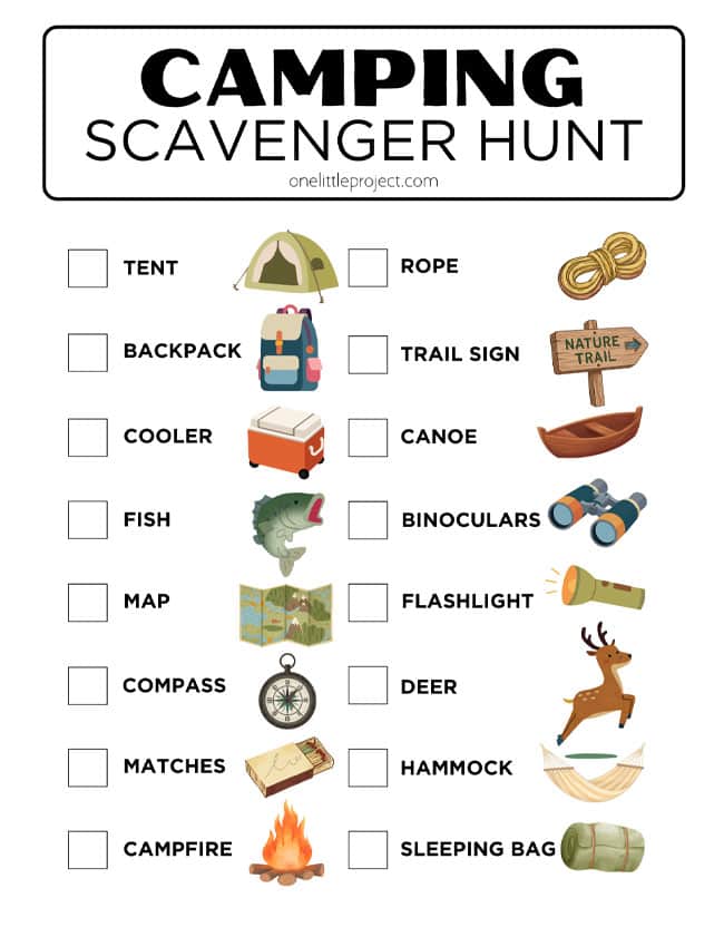 Camping Scavenger Hunt Ideas Low ink printable for a camping scavenger hunt